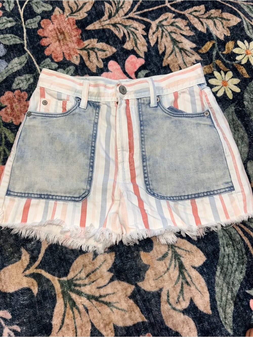 American Eagle Outfitters Striped Pink, Blue & White Frayed-Hem Jean Shorts